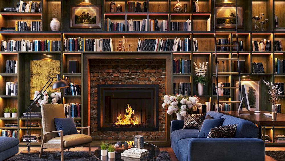 fireplace couch books